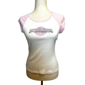 Y2K Universal Studios Hollywood Baby Tee Pink Raglan Cap Sleeve Fitted Top 28
